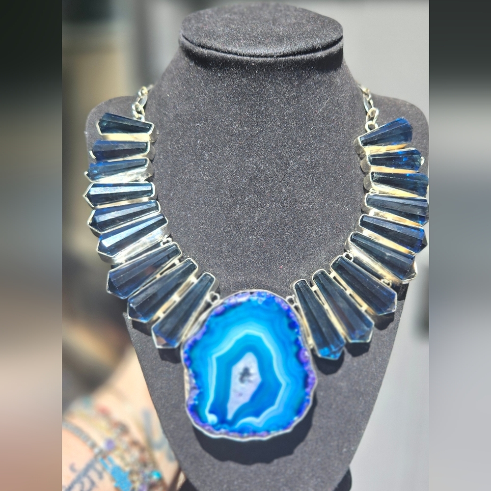 HOST PICK 🎉🎊Blue Topaz & Agate Crystal Collar & Earring Sterling Sz22" - Picture 8 of 17
